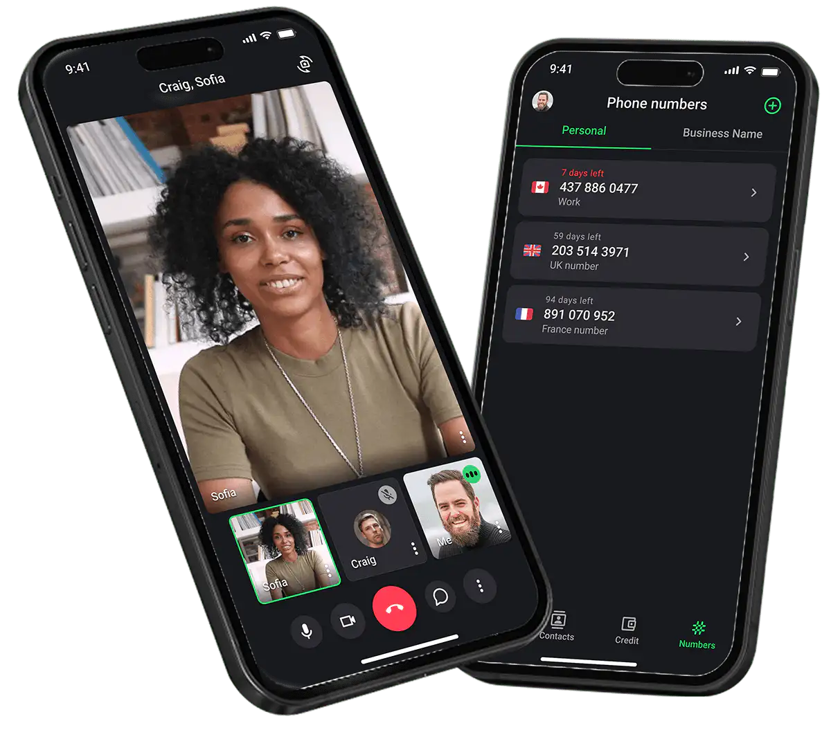 Two phones displaying a video call and a list of phone numbers